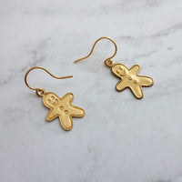 Gingerbread Men Earrings, gold dangle, little brass boy, cookie earring, small gingerbread, 14K SOLID GOLD hook opt, Christmas jewelry, Xmas - Constant Baubling