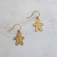 Gingerbread Men Earrings, gold dangle, little brass boy, cookie earring, small gingerbread, 14K SOLID GOLD hook opt, Christmas jewelry, Xmas - Constant Baubling