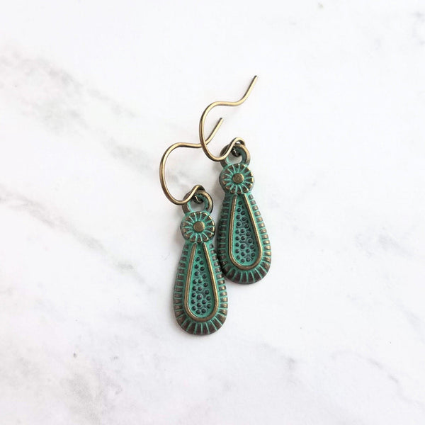 Rustic Earrings, rustic teardrop earring, verdigris earring, verdigris patina earring, green patina earring, bronze teardrop earring, small - Constant Baubling