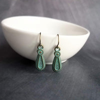 Rustic Earrings, rustic teardrop earring, verdigris earring, verdigris patina earring, green patina earring, bronze teardrop earring, small - Constant Baubling