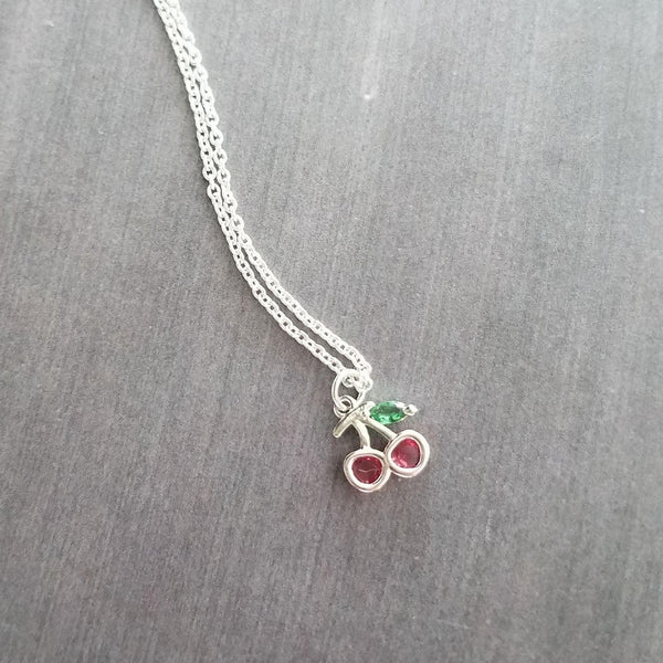 Silver Cherry Necklace, Michigan cherries, pink cherry pendant, cherry charm, small cherries, tiny necklace, cherry jewelry, crystal cherry - Constant Baubling