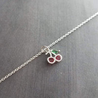 Silver Cherry Necklace, Michigan cherries, pink cherry pendant, cherry charm, small cherries, tiny necklace, cherry jewelry, crystal cherry - Constant Baubling