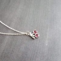 Silver Cherry Necklace, Michigan cherries, pink cherry pendant, cherry charm, small cherries, tiny necklace, cherry jewelry, crystal cherry - Constant Baubling