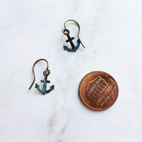 Tiny Anchor Earrings, rustic anchor earring, patina anchor earring, anchor dangle, verdigris patina earring, blue green bronze rust, small - Constant Baubling