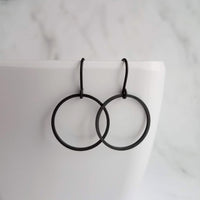 Black Hoop Earrings, matte black circle earring, thin black circle earring, thin black hoop, black circle dangle, small black ring, open - Constant Baubling