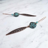 Long Copper Feather Earrings, verdigris patina earring, long rustic earring, long narrow earring, rust brown blue earring, blue patina disk - Constant Baubling
