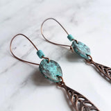 Long Copper Feather Earrings, verdigris patina earring, long rustic earring, long narrow earring, rust brown blue earring, blue patina disk - Constant Baubling