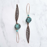 Long Copper Feather Earrings, verdigris patina earring, long rustic earring, long narrow earring, rust brown blue earring, blue patina disk - Constant Baubling