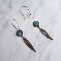 Long Copper Feather Earrings, verdigris patina earring, long rustic earring, long narrow earring, rust brown blue earring, blue patina disk - Constant Baubling