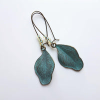 Patina Leaf Earrings, patina earring, verdigris patina earring, blue patina earring, bronze leaf earring, wavy leaf earring, large kidney - Constant Baubling