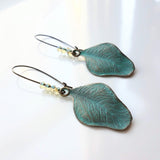 Patina Leaf Earrings, patina earring, verdigris patina earring, blue patina earring, bronze leaf earring, wavy leaf earring, large kidney - Constant Baubling