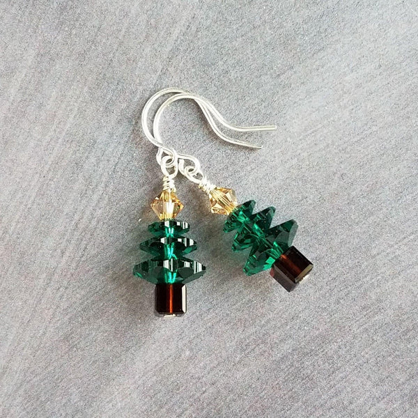 Christmas Earrings, Christmas tree earring, Xmas earring, holiday earrings, emerald green tree, crystal Christmas tree, gold gifts under 25 - Constant Baubling