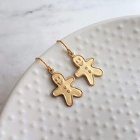 Gingerbread Men Earrings, gold dangle, little brass boy, cookie earring, small gingerbread, 14K SOLID GOLD hook opt, Christmas jewelry, Xmas - Constant Baubling