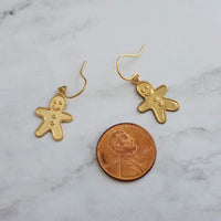 Gingerbread Men Earrings, gold dangle, little brass boy, cookie earring, small gingerbread, 14K SOLID GOLD hook opt, Christmas jewelry, Xmas - Constant Baubling
