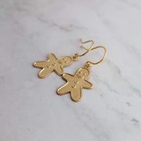 Gingerbread Men Earrings, gold dangle, little brass boy, cookie earring, small gingerbread, 14K SOLID GOLD hook opt, Christmas jewelry, Xmas - Constant Baubling