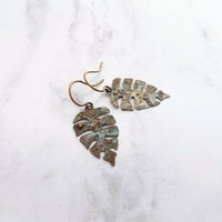 Monstera Leaf Earrings, tropical leaf earring, patina leaf earring, verdigris leaf earring, verdigris patina earring, blue green bronze rust - Constant Baubling