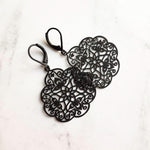 Black Medallion Earrings, Morrocan earring, black lacy earring, black filigree earring, black floral earring, matte black earring lever back - Constant Baubling