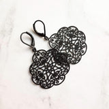 Black Medallion Earrings, Morrocan earring, black lacy earring, black filigree earring, black floral earring, matte black earring lever back - Constant Baubling