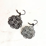 Black Medallion Earrings, Morrocan earring, black lacy earring, black filigree earring, black floral earring, matte black earring lever back - Constant Baubling