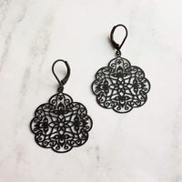 Black Medallion Earrings, Morrocan earring, black lacy earring, black filigree earring, black floral earring, matte black earring lever back - Constant Baubling