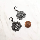 Black Medallion Earrings, Morrocan earring, black lacy earring, black filigree earring, black floral earring, matte black earring lever back - Constant Baubling