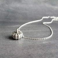 Silver Pumpkin Necklace, antique silver Halloween necklace, fall necklace, pumpkin pendant, small pumpkin charm, silver jack o lantern - Constant Baubling