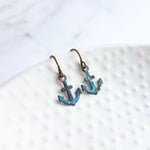 Tiny Anchor Earrings, rustic anchor earring, patina anchor earring, anchor dangle, verdigris patina earring, blue green bronze rust, small - Constant Baubling
