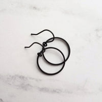 Black Hoop Earrings, matte black circle earring, thin black circle earring, thin black hoop, black circle dangle, small black ring, open - Constant Baubling