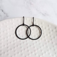 Black Hoop Earrings, matte black circle earring, thin black circle earring, thin black hoop, black circle dangle, small black ring, open - Constant Baubling