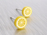Tiny Lemon Earrings, yellow stud earring, miniature fruit, lemon slice earring, fruit studs, hypoallergenic stainless steel posts lemon stud - Constant Baubling
