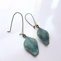Patina Leaf Earrings, patina earring, verdigris patina earring, blue patina earring, bronze leaf earring, wavy leaf earring, large kidney - Constant Baubling