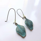 Patina Leaf Earrings, patina earring, verdigris patina earring, blue patina earring, bronze leaf earring, wavy leaf earring, large kidney - Constant Baubling