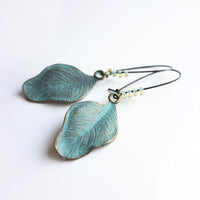 Patina Leaf Earrings, patina earring, verdigris patina earring, blue patina earring, bronze leaf earring, wavy leaf earring, large kidney - Constant Baubling