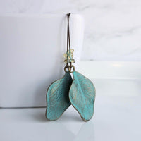 Patina Leaf Earrings, patina earring, verdigris patina earring, blue patina earring, bronze leaf earring, wavy leaf earring, large kidney - Constant Baubling