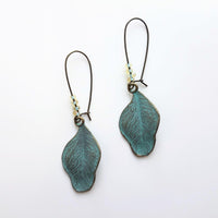 Patina Leaf Earrings, patina earring, verdigris patina earring, blue patina earring, bronze leaf earring, wavy leaf earring, large kidney - Constant Baubling