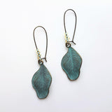 Patina Leaf Earrings, patina earring, verdigris patina earring, blue patina earring, bronze leaf earring, wavy leaf earring, large kidney - Constant Baubling