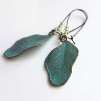 Patina Leaf Earrings, patina earring, verdigris patina earring, blue patina earring, bronze leaf earring, wavy leaf earring, large kidney - Constant Baubling