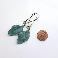 Patina Leaf Earrings, patina earring, verdigris patina earring, blue patina earring, bronze leaf earring, wavy leaf earring, large kidney - Constant Baubling