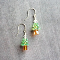 Crystal Christmas Tree Earrings, small Christmas earring, little Christmas earring, peridot green earring, holiday gift earring, silver - Constant Baubling