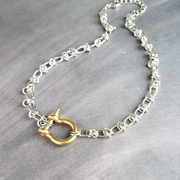 Gold Front Clasp Necklace, silver chunky chain, mixed metal