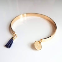 Gold Cuff Bracelet, initial bracelet, gold letter bracelet, gold tassel bracelet, thin gold cuff, navy blue tassel cuff, letter charm bangle - Constant Baubling