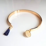 Gold Cuff Bracelet, initial bracelet, gold letter bracelet, gold tassel bracelet, thin gold cuff, navy blue tassel cuff, letter charm bangle - Constant Baubling