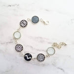 Black White Bracelet - Ikat style neutral modern print light blue/navy accent glass charm link silver adjustable - geometric minimalist - Constant Baubling