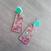 Clear Confetti Earrings, aqua blue dangle arch, metallic purple polka dot earring, chunky earring, 80s earring, 80s style, vintage style - Constant Baubling