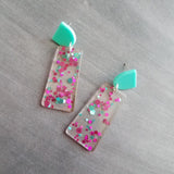 Clear Confetti Earrings, aqua blue dangle arch, metallic purple polka dot earring, chunky earring, 80s earring, 80s style, vintage style - Constant Baubling