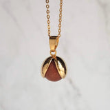 Red Sandstone Necklace, stone ball pendant, sparkling stone necklace, gold chain, brown stone necklace, spinning ball pendant, glitter stone - Constant Baubling