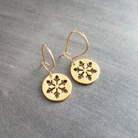 Gold Snowflake Earrings, snowflake charm, snow earring, gold winter earring, snowflake outline, punched snowflake earring, cut out snowflake - Constant Baubling