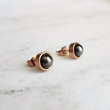 Rose Gold Stud Earrings, gazing ball earring, faux hematite earring, small round earring, stainless steel, 8mm hypoallergenic, silver black - Constant Baubling