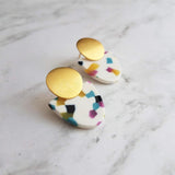 Gold Acrylic Speckled Earrings, 80s earring, retro earring, vintage earring, jelly candy earring, white earring, polka dot semicircle nougat - Constant Baubling
