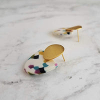 Gold Acrylic Speckled Earrings, 80s earring, retro earring, vintage earring, jelly candy earring, white earring, polka dot semicircle nougat - Constant Baubling